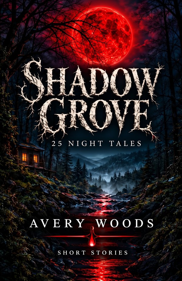 Cover of Shadow Grove: 25 Night Tales by Avery Woods: a blood-red moon over a dark forest, a lit cabin, and a red-lit creek