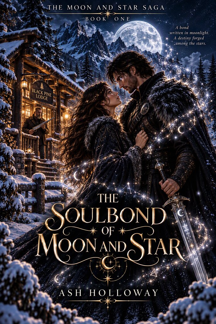 Cover of The Soulbond of Moon and Star: a couple embracing in the snow before Black Pine Lodge under a full moon