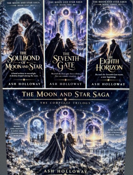The Moon and Star Saga: covers of The Soulbond of Moon and Star, The Seventh Gate, and The Eighth Horizon above the complete trilogy artwork
