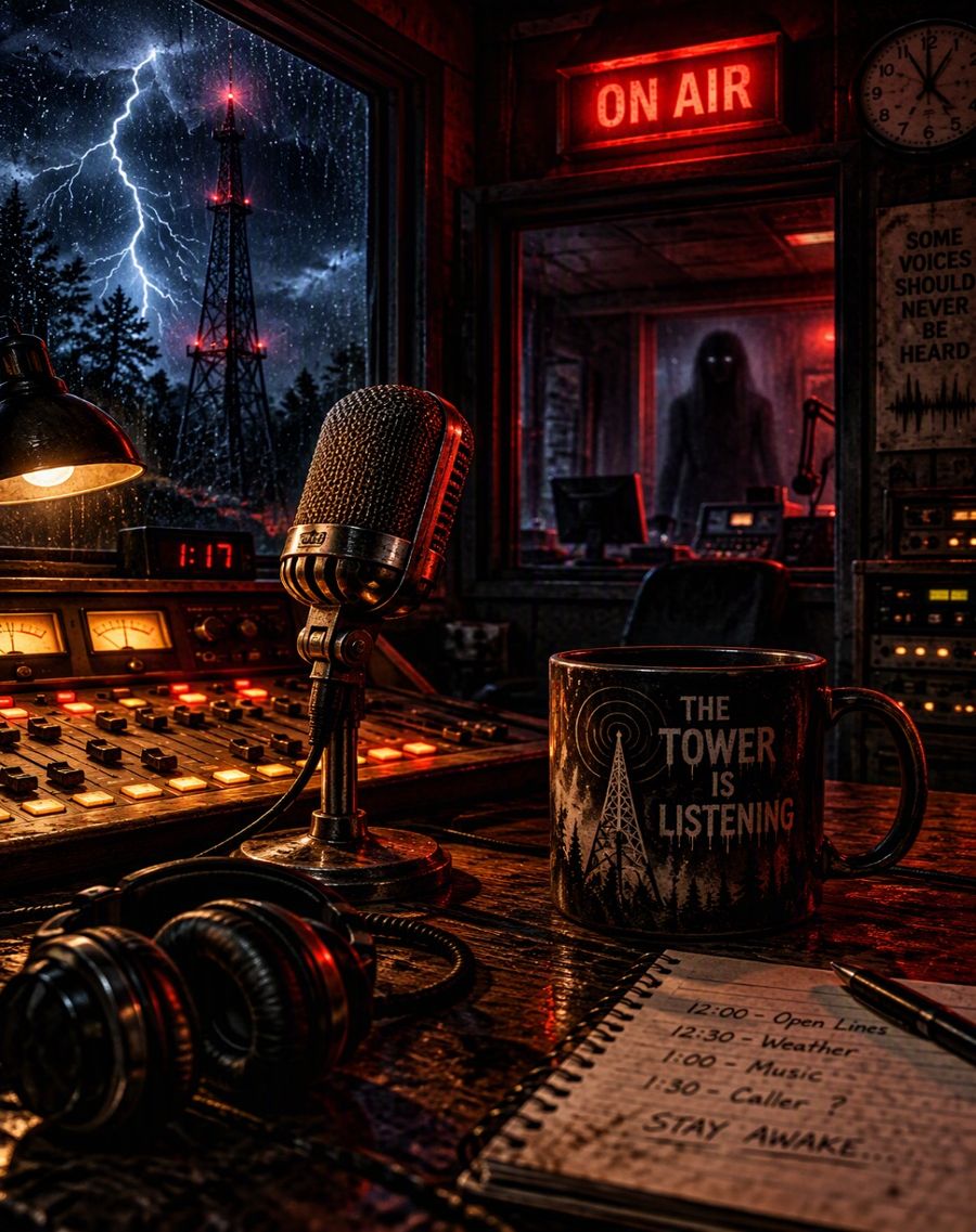 A radio studio with a glowing ON AIR sign, a microphone, and a shadowy figure behind the glass during a storm