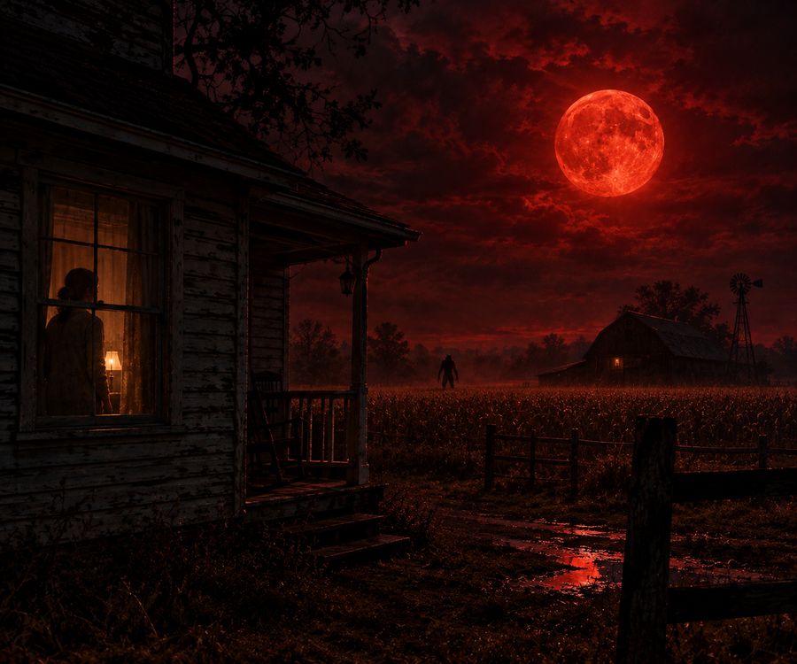 A lone farmhouse under a blood-red moon, a figure standing at a lit window