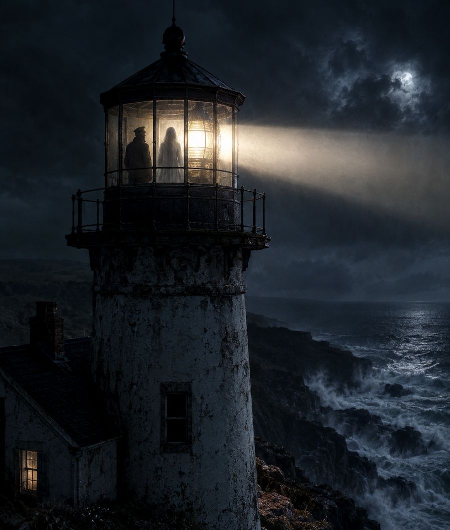 A lighthouse on a stormy cliff with a pale figure in the lamp room