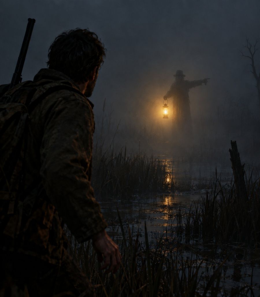 A man with a rifle looks across a foggy marsh toward a figure holding a lantern