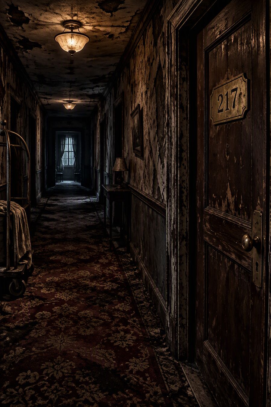 A decaying hotel hallway with a door marked 217