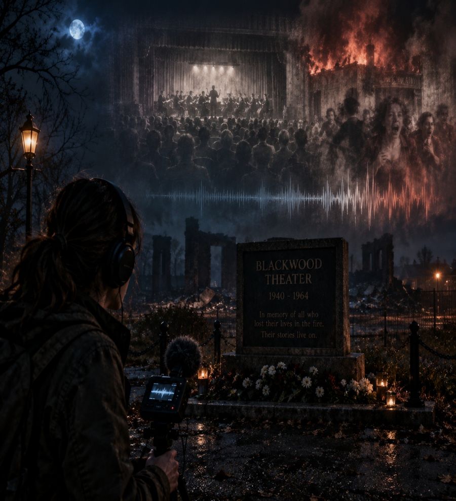 A woman with a camera and headphones before the ruins of a burned theater, with a ghostly audience above